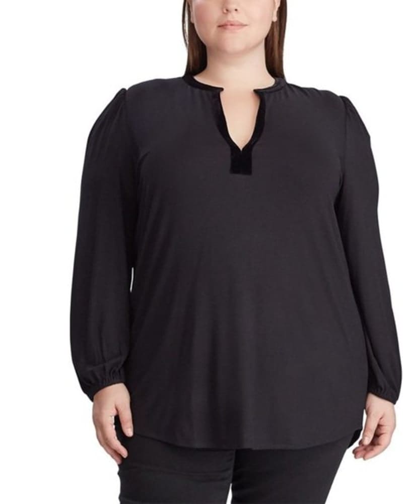Front of a model wearing a size 2X Ralph Lauren Women's Plus V Neck Shirt Black Size 2X in Black by Ralph Lauren. | dia_product_style_image_id:313892